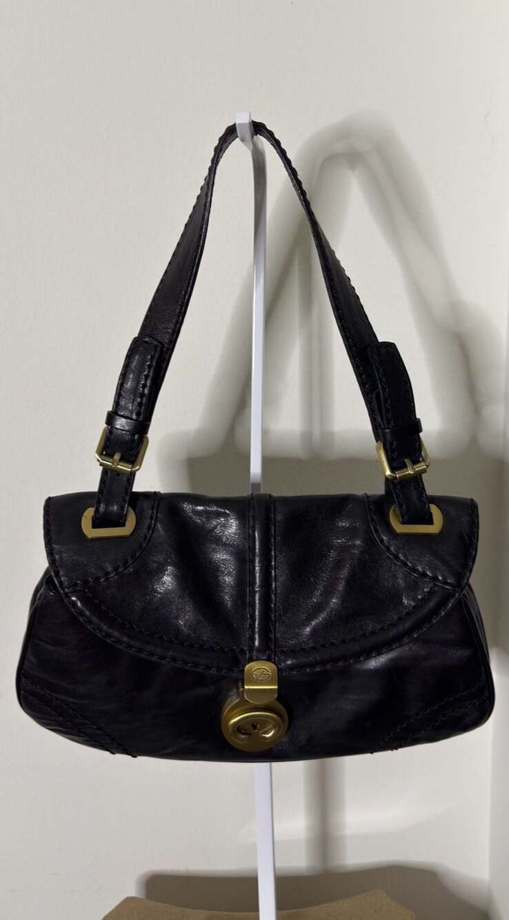 Francesco Biasia Black Leather Shoulder Bag Gold Hardware